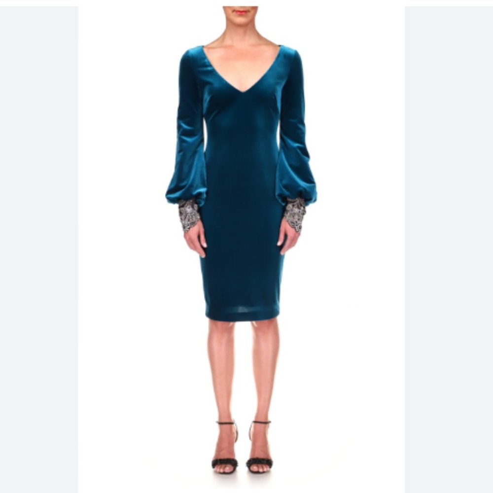 Badgley Mischka Velvet Balloon Sleeve Beaded Cuff Dress